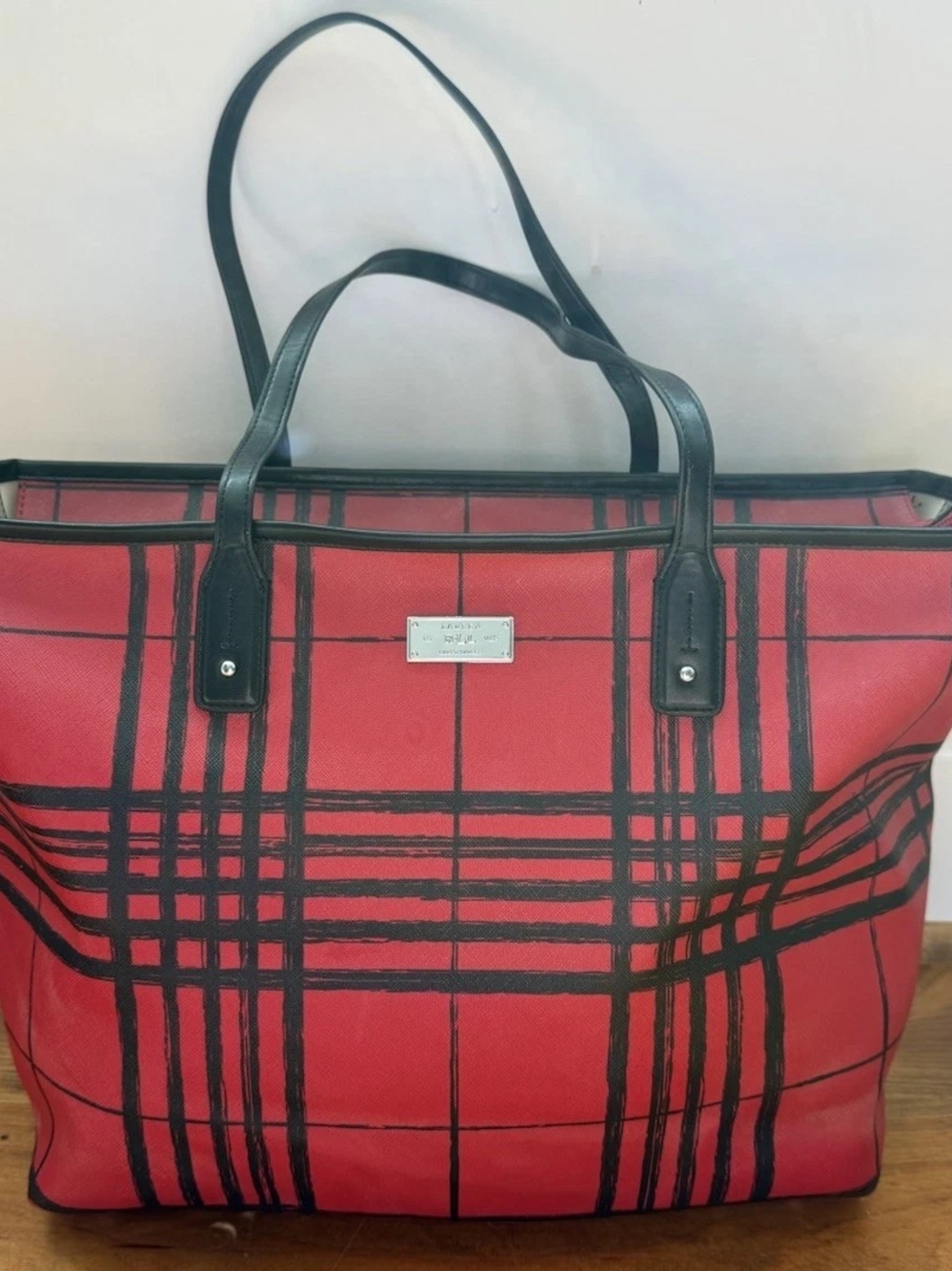 Ralph Lauren Red Plaid Tote with Black Trim and Silver Plaque